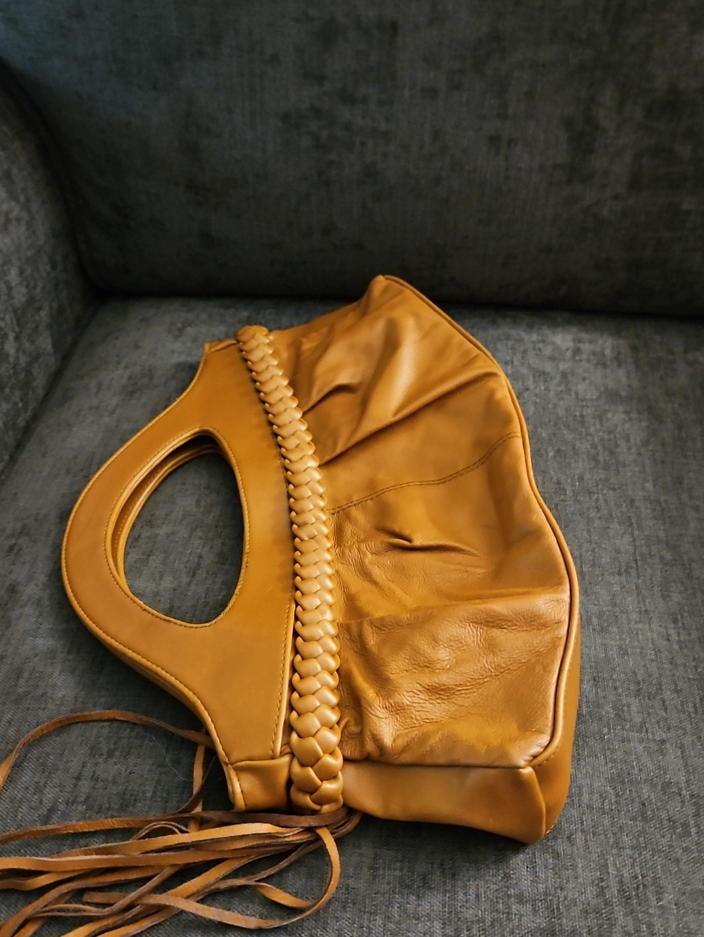 Vtg NEWPORT NEWS 1994 Light Brown Braided Fringe Leather Clutch Bag - Picture 5 of 9